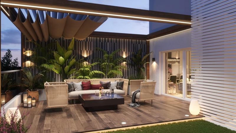 Terrace garden and sit out design with retractable pergola design dekko