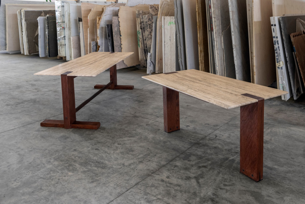 Bespoke modernist silver travertine tables with oak interlocking legs - shot in the Italian artisan workshop | Photo credit: Atelier Orlandi