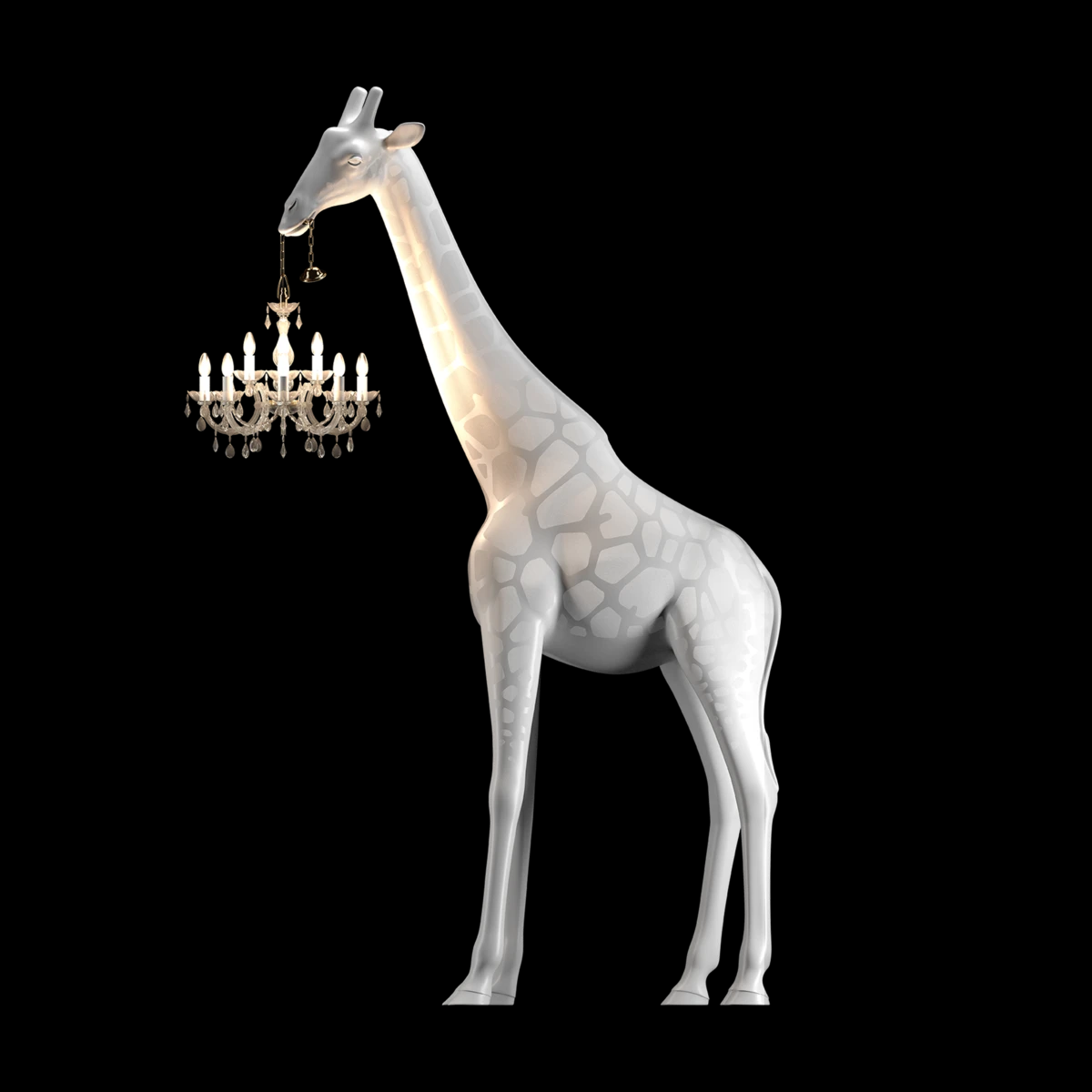 Designed by Marcantonio, Giraffe in Love M is a giraffe that holds a classic Marie-Thérèse style chandelier, 2.65 meters high, a dimension that allows it to step into everyone's homes.   Bold and elegant she is naturally gonna be the centre of attention o