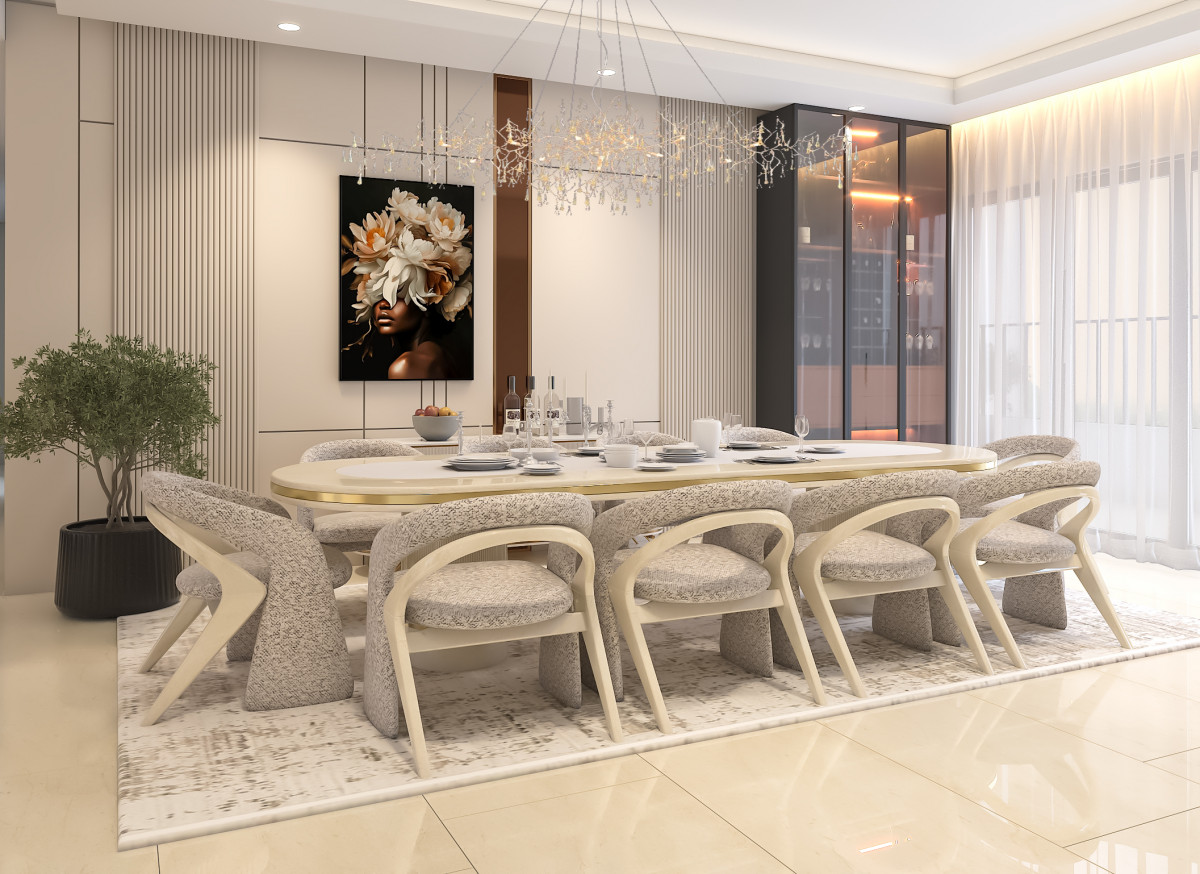 A dining experience wrapped in luxury. From the sculptural chairs with their elegant curves to the soft glow of the chandelier, every detail in this space whispers sophistication. The floral art, the textured upholstery, the seamless blend of warm neutral